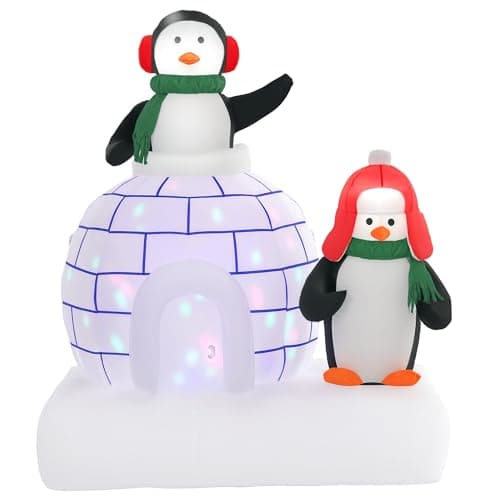 Image of HOMCOM 5ft Christmas Inflatable Two Penguins Wearing a Scarf with Ice House Blow Up Decor Home Indoors with Built-in LED Lights Outdoor Toys in Lawn Garden