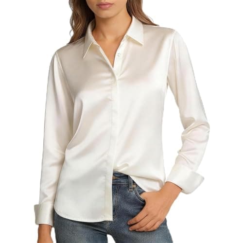 Image of newhsy Women Long Sleeve Silky Satin Lapel Blouse Invisible Buttons Tunic T Shirts Casual Classic Office Blouse Tops (UK, Alpha, M, Regular, Regular, White)