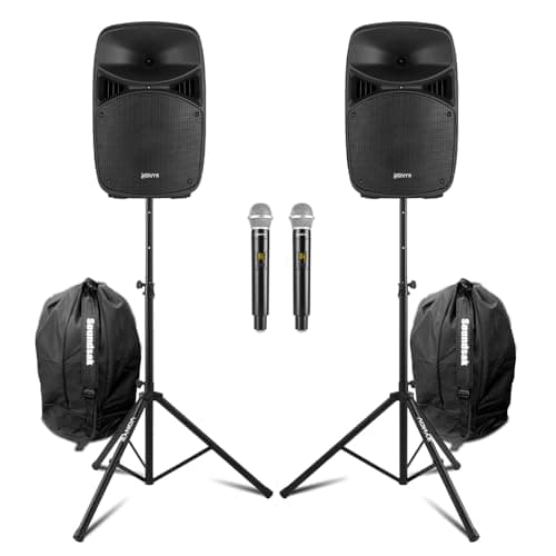 Image of Vonyx VPS102A 10" Active PA Speaker System with Bluetooth, Dual Wireless Microphones, Speaker Stands & Protective Carry Bags - Complete DJ & Karaoke Setup