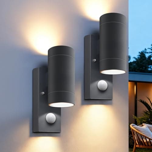 Image of PIR Outdoor Wall Lights,IP65 Waterproof Up and Down Lights Outdoor with Motion Sensor,Aluminium Outside Wall Lights Mains Powered GU10,Exterior Wall Lamp for Front Door,Porch,Patio,Anthracite,2 Pack