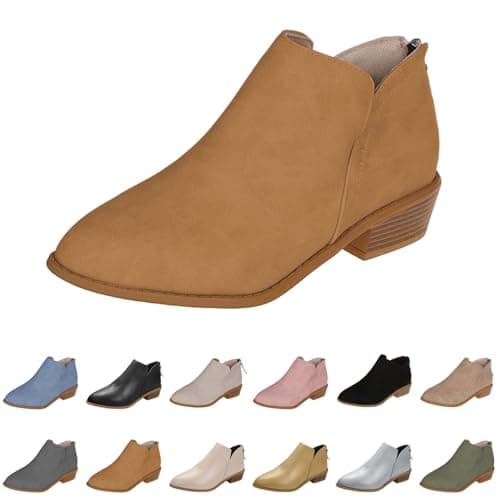 Image of Women's Faux Suede Leather Ankle Boots UK 5 Pointed Toe Chunky Stacked Low Heel Booties Short Booties with Back Zipper Chelsea Boots Winter Fall Ankle Booties Dress Western Shoes A/Brown