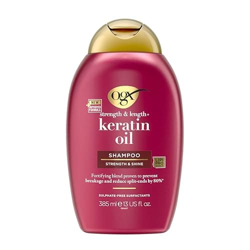 Image of OGX Strength and Length Keratin Oil Hair Shampoo, with Keratin Proteins and Argan Oil, Strengthens and Adds Shine, for Damaged Hair, Sulfate Free Surfactants, 385ml