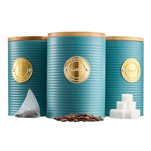 Image of Cooks Professional 3 Piece Ribbed Tea, Coffee, & Sugar Cannisters with Air-Tight Bamboo Lids | Stainless Steel Kitchen Storage Bin Set | Modern & Stylish | Teal & Gold