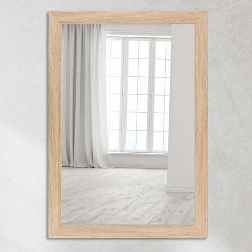 Image of CLAMARO Neo Collage Wall Mirror 75 x 110 cm Mirror with Frame Natural Oak Modern Mirror with 38 mm Wide Wooden Frame Includes Metal Hanger and Wall Mounting Material