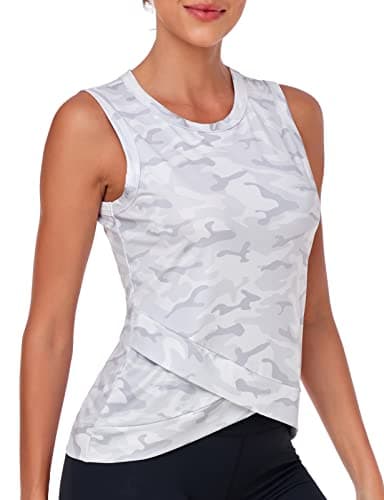 Image of Sports Vest Top Women, Ladies Gym Tank Tops Size 16 Ladies Sleeveless Runing Workout Vest Tops Crew Neck Cross Hem Cropped Tops Womens Sports Vest Tshirts White Camo