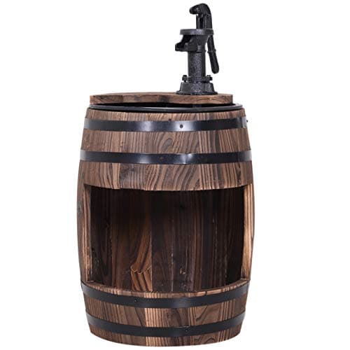 Image of Outsunny Water Fountain Electric Pump Wood Barrel Patio Garden Decorative Ornament with Flower Planter Decor Carbonised Finish