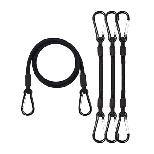 Image of Bungee Cords with Carabiner Clips, 4 Pack 60cm Long Heavy Duty Carabiner Bungee Cord, Extra Strong Black Bungee Straps with Carabiner Hooks for Camping, Tarps, Bike Rack, Tent, Car, Motorcycle