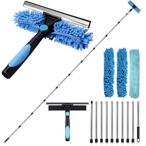 Image of Window Cleaning Equipment 2-in-1,390cm Telescopic Window Cleaner with Silicone Squeegee&Microfiber Cloths(153In),Long Handle Window Squeegee Kit with Rotatable Head for High Windows,Shower Glass & Car