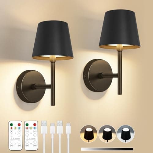 Image of Dehobo Rechargeable Wall Lights Set of 2, Battery Operated Wall Lights Dimmable 3 Colors with Remote, 5200mAh Metal LED Wireless Wall Lamps for Bedroom, Dining, Hallway, Staircase, Night Light, Black