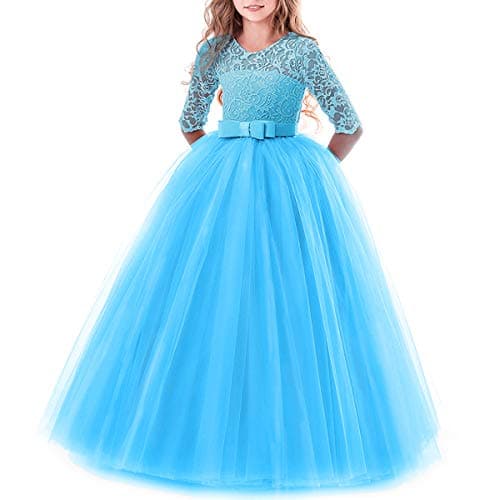 Image of Flower Girls Lace 3/4 Sleeve Dress Wedding Bridesmaid First Communion Evening Party Floor Length Dress Kid Toddler Princess Pageant Birthday Prom Carnival Christmas Ball Gown Dark Blue 11-12 Years