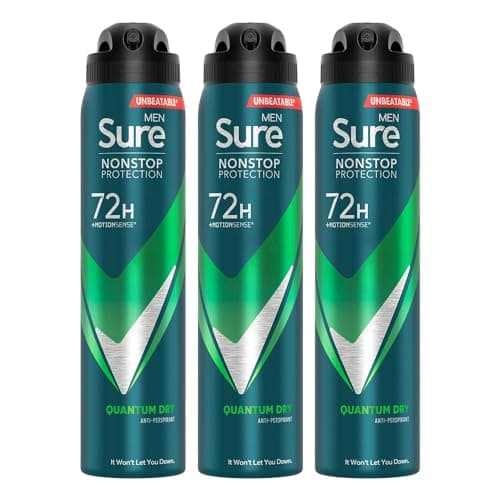 Image of Sure Antiperspirant 72H Nonstop Sweat and Odour Protection Alcohol-Free Body Spray Anti-White Marks with Fresh and Sporty Scent Multi Fragrance Deodorant for Men, 250ml (Quantum Dry, Buy 3)