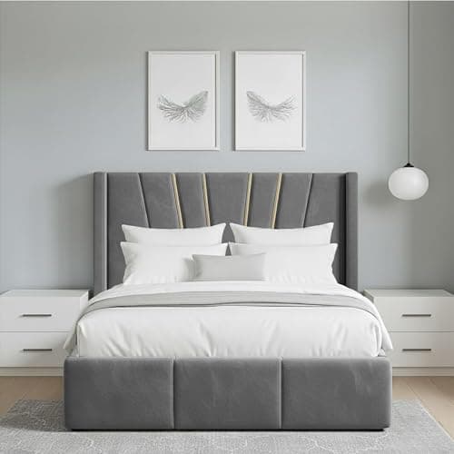 Image of Grey Plush Velvet Single Bed Frame – 3FT Strong & Comfortable Sunrise Wing Headboard & Footboard, Supportive, Easy-to-Assemble, Perfect for Everyday Sleep