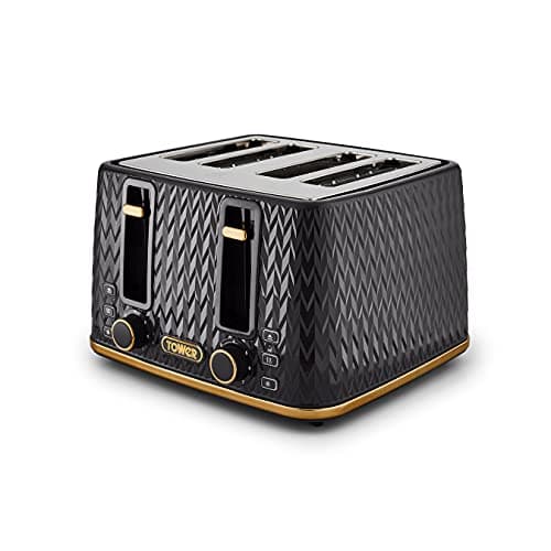 Image of Tower T20061BLK Empire 4-Slice Toaster with Defrost/Reheat, Removable Crumb Trays, 1600W, Black and Brass