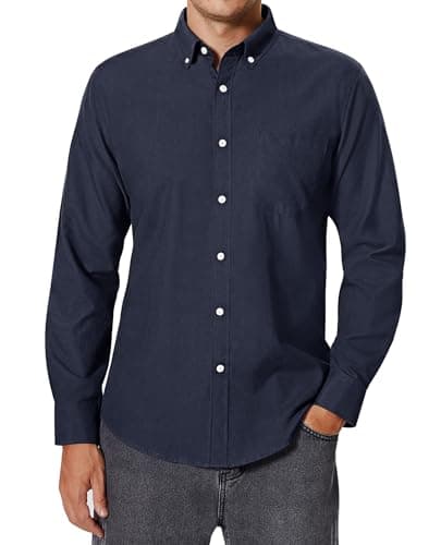 Image of siliteelon Mens Navy Blue Oxford Shirt Long Sleeve Casual Plain Regular Fit Button Down Formal Business Dress Shirts with Pocket L