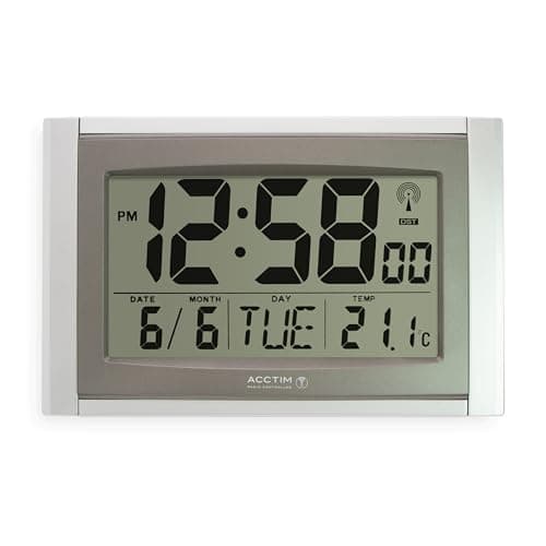 Image of Acctim Stratus Digital Wall/Desk Clock Radio Controlled Tabletop LCD Display Date & Thermometer Silver