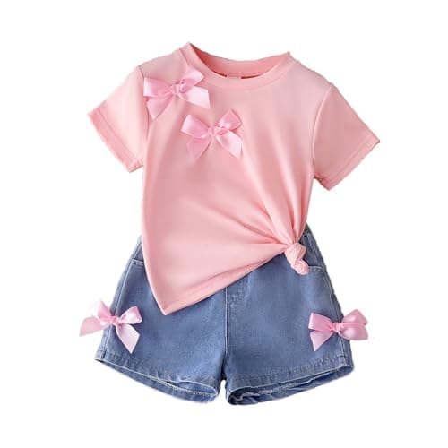 Image of Eqenkely Toddler Girl's 2 Piece Bowknot Outfits Summer Short Sleeve Tees Shirt with Denim Jeans Skirt Set Pink 4 Years