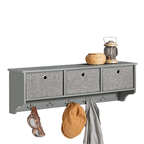 Image of SoBuy Wall Coat Rack Wall Shelf Storage Unit with 3 Baskets & 5 Hooks - Coat Hooks Wall Mounted for Hallway Organiser - Storage Cabinet for Coats, Bags, Scarves W100xD20xH31cm Grey FRG282-HG
