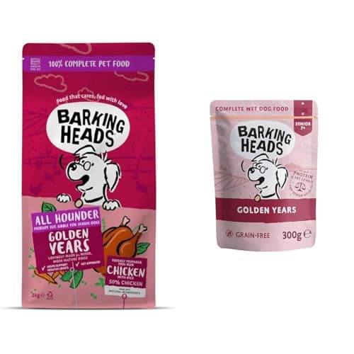 Image of Bundle of Barking Heads Dry Dog Food for Senior Dogs - Golden Years - 100% Natural Free-Run Chicken 2kg + Barking Heads Wet Dog Food for Senior Dogs - Golden Years Chicken & Salmon - (10 x 300 g)