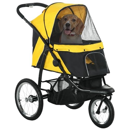 Image of PawHut 3 Wheel Pet Stroller, for Medium Small Dogs, Foldable Cat Pram - Yellow