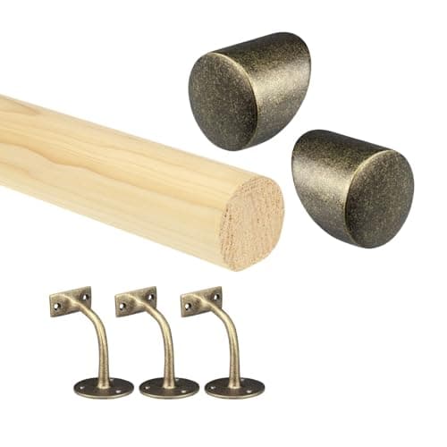 Image of Pine Round Mopstick Handrail Kit with Wall Brackets & End Caps – 1200–4200mm, Chrome/Black/Nickel/Brass (Antique Brass, 1800mm)