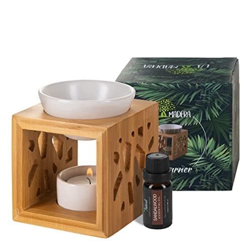 Image of La Madera Bamboo Wooden Oil Burner Wax Melt Burner Oil Diffuser with Ceramic Candle Holder and 10 ml Bottle of 100% Pure Sandalwood Oil (White)