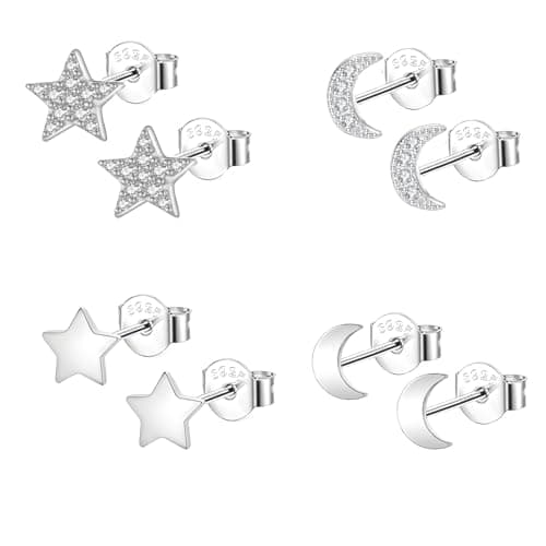 Image of Epoch World 4 Pairs 925 Sterling Silver Earrings Star Moon Stud Earrings Hypoallergenic Cubic Zirconia Tiny Sleeper Silver Studs For Women Girls with Gifts Box