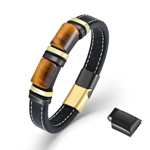 Image of VA JENT Mens Tiger Eye Bracelets Microfiber Leather Cuff Bracelet for Men Gifts on Father's Day Christmas Anniversary Birthday, 21 CM, Leather, tiger eye