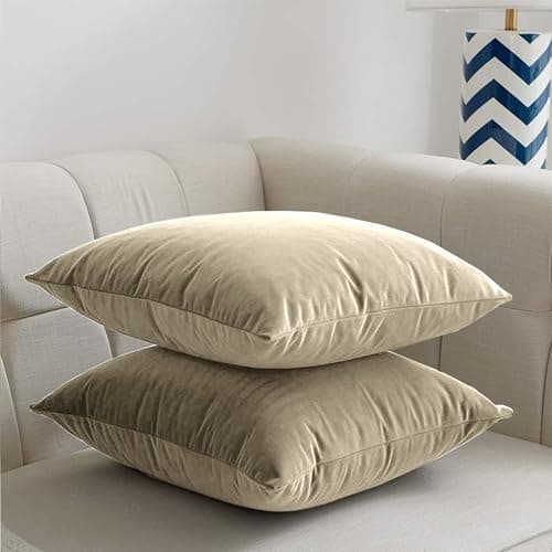 Image of My home store Velvet Cream Cushion Covers 45cm x 45cm - Christmas Decorative Square Throw Pillowcases - Cushion Covers Set of 2 for Sofa Bedroom with Invisible Zipper 18" x 18"