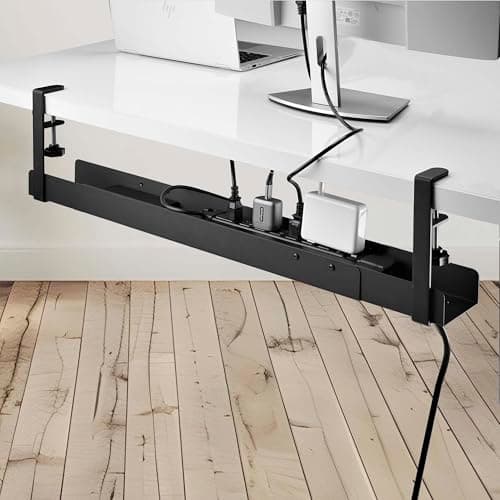 Image of StarTech.com Under Desk Cable Management Tray, Length Adjustable, Clamp-On Installation, No Drilling Required, Black
