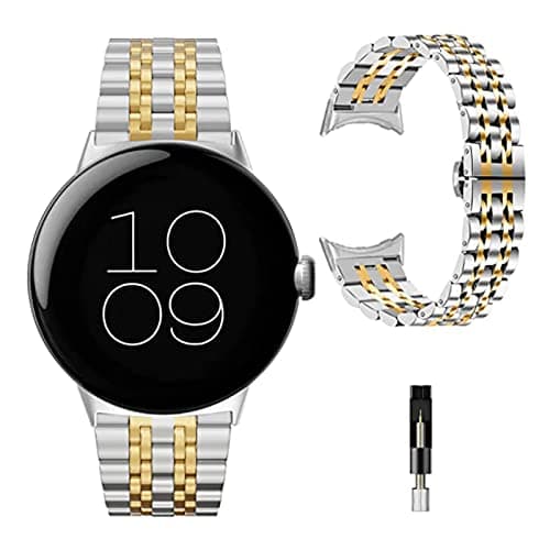 Image of Miimall Metal Strap for Google Pixel Watch 4/3/2/1 41mm, Ultra-thin Stainless Steel Band with Folding Clasp Men Women Adjustable Replacement Strap Wristband for Pixel Watch 4 41mm 2025-Silver+Gold