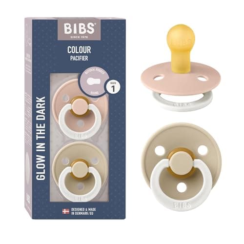 Image of BIBS Colour Glow Soother 2-Pack, Glow in The Dark BPA Free Dummy Pacifier, Round Nipple. Natural Rubber Latex, Size 1 (0-6 Months), Blush Night/Vanilla Night