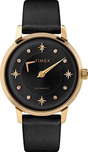 Image of Timex Women's Celestial Opulence Automatic 38mm Watch Black Dial & Gold-Tone Case with Black Genuine Leather Strap