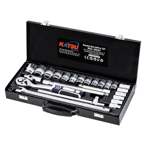 Image of KATSU Tools 24-Piece 1/2" Drive Ratchet Socket Set - CR-V, 6-Point, 8-32mm Metric, 72 Teeth Quick Release Ratchet Wrench, Steel Carry Case, Mechanic Tool for DIY, Car Repair