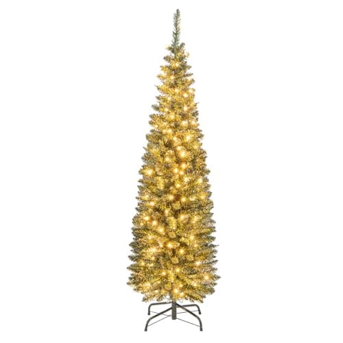Image of COSTWAY 5FT/6FT Pre-Lit Artificial Christmas Tree, Slim Pencil Xmas Tree with 320/420 Branch Tips, 150/180 Warm-White LED Lights and Foldable Metal Stand, Indoor Festive Holiday Party Decor(5FT)