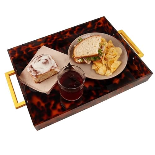 Image of Acrylic Serving Tray with Gold Handles, 16" x 12" Decorative Trays for Coffee Table, Spill Proof Food Drink Server, Ottoman Tray for Countertop, Kitchen, Vanity, Serving Party Platter (Tortoise Shell)