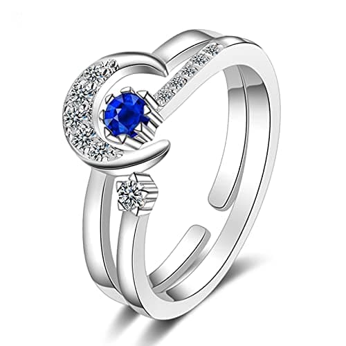 Image of HCMA 925 Silver Fashion Star and moon combination Open Finger Ring With Blue Zircon Embellished Jewelry For Women Gifts