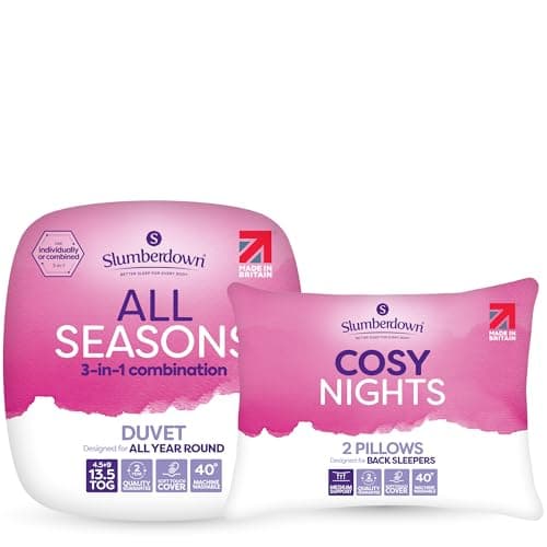 Image of Slumberdown 3-in-1 All Seasons 13.5 Tog King Size Duvet & 2 Pillows - 4.5 + 9 Tog Combi King Quilt for All-Year Round Comfort | UK-Made, Soft Touch, Non-Allergenic, Washable (225 x 220cm)