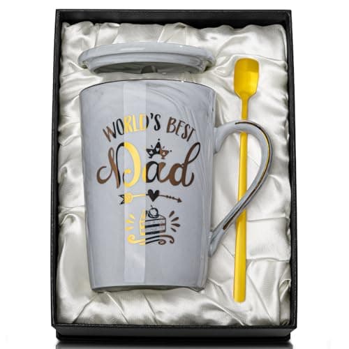 Image of Fathers Day Birthday Gifts Presents for Dad from Daughter Son - World's Best Dad - Funny Daddy Mug with Gold Print, 14Oz Grey Marble Ceramic Coffee Cup, with Lid Spoon Greeting Card, Nice Gift Boxed