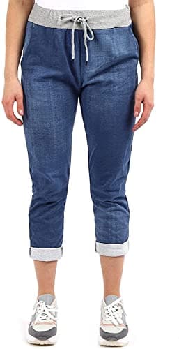 Image of Candid Styles Womens Italian Denim Joggers Sweatpants Plain Floral Star Elasticated Waist Gym Running Yoga Pants Jogging Turn Up Trousers 8-22#Dark Denim Tie Dye Plain Trouser#UK 12-14