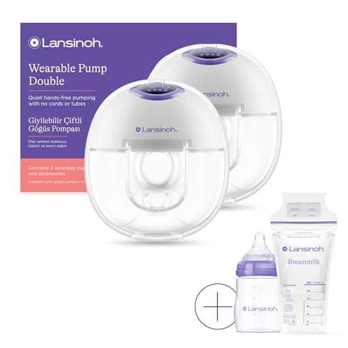Image of Lansinoh Wearable Electric Breast Pump Bundle - 4 Pumping Modes, 9 Suction Levels - Hands Free Portable & Quiet Pumping- LED Display - Includes 25 Breast Milk Storage Bags + Feeding Bottle (2 Pumps)