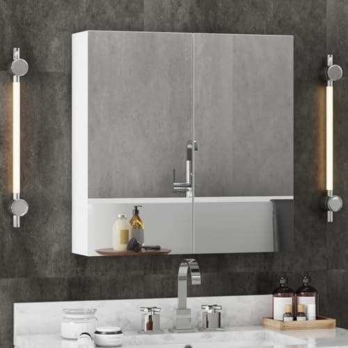 Image of joolihome living Bathroom Mirror Cabinet, Wall Mounted Cabinet with Mirror & 2 Adjustable Shelves, 3 Tier Storage Cupboard Unit Organizer Bathroom Furniture (No Lights, 600x600mm)