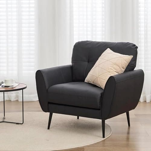 Image of GRAVFORCE Armchair Comfy Modern Living Room Chair Black Leather Reading Accent Chairs Mid Century Arm Chairs for Office Bedroom Black