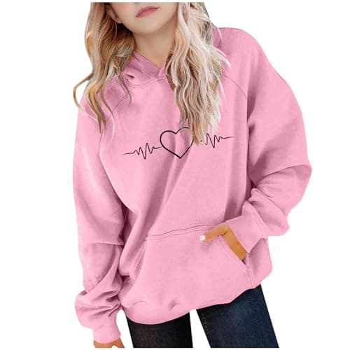 Image of duxyoz Hoodies for Teen Girls Oversized Preppy Hooded Sweatshirt Heart Print Casual Loose Fit Basic Sweatshirt with Hood Pocket Pink 12-13 Years