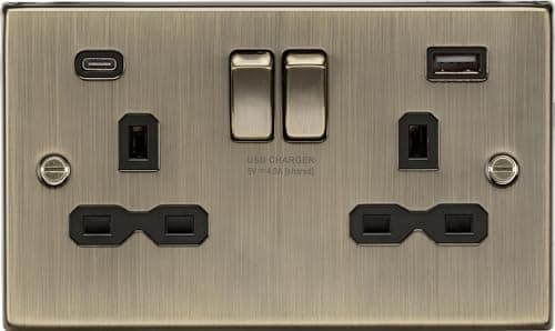 Image of 13A 2G SP Switched Socket with Dual USB A+C (5V DC 4.0A shared) - Antique Brass with Black Insert