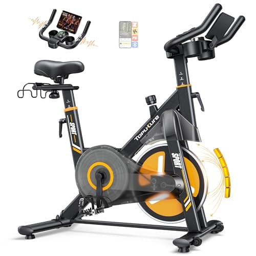 Image of 2026 Toputure Exercise Bike with Touchscreen LCD Display, Spin Bike with App Control 32-Level Electric Magnetic Resistance, Exercise Bikes for Home Use with Dumbbell Rack, 330lbs Weight Capacity