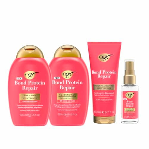 Image of OGX Bond Repair Essentials Bundle for Damaged, Normal/Thick Hair, Shampoo (385ml) & Conditioner (385ml), 1-Minute Treatment Mask (200ml) and 3-in-1 Oil Mist (50ml), Protection for Stronger Hair