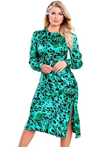 Image of Dressmechic Womens Green Satin Animal Print Tie Front Detail Bias Cut Casual Midi Dress