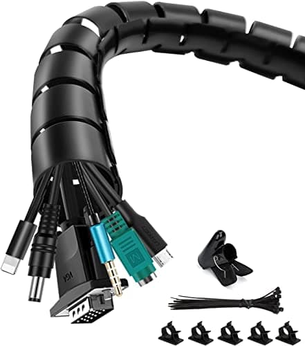Image of shinfly Cable Management Sleeve, 3m/9.8ft Wire Sleeve with 20pcs Zip Ties, 5 Adhesive Cable Clips, 1 Wire Guide Clip, ∅0.63"/16mm+∅0.87"/22mm Cable Tidy Tube Wire Organizer for TV PC Home, Black