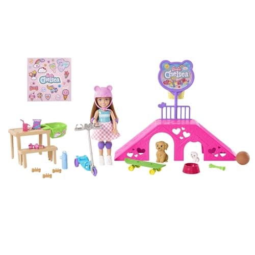 Image of Barbie Chelsea Doll & Skate Park Playset with 2 Puppies, Skate Ramp, Scooter & 15+ Accessories, Brunette Small Doll with Blue Eyes, HJY35