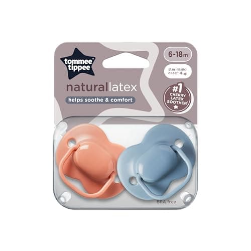 Image of Tommee Tippee Cherry Latex Soother, 6-18 Months, Coral and Blue, Pack of 2 soothers with 100% Natural Latex baglet